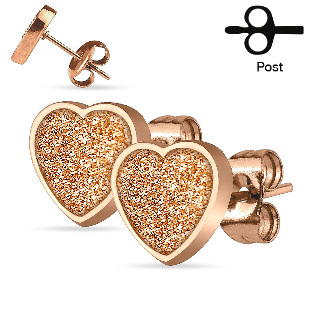 MJ-SEZHT Pair of 316L Stainless Steel Heart Sand Glitter Stud Earrings